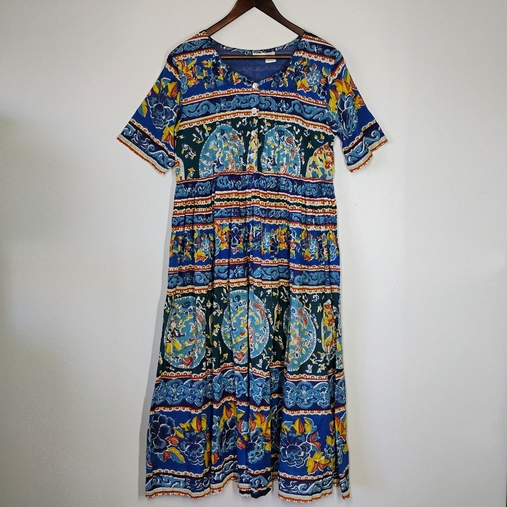 La Cera Midi Kaftan Muumuu Dress Floral Tile Boho‎ Hippie Sundress Small
